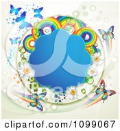 Poster, Art Print Of Background Of Butterflies With A Blue Cloud Frame Flowers Rainbows Dots And Shamrocks