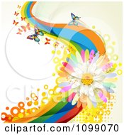 Poster, Art Print Of Background Of Butterflies With Rainbow Waves Circles And A Daisy