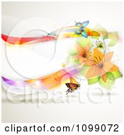Poster, Art Print Of Background Of A Colorful Wave With Lilies And Butterflies