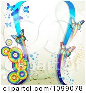 Poster, Art Print Of Background Of Butterflies Blue Waves And Rainbow Circles
