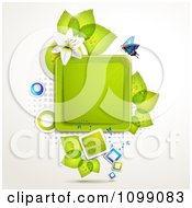 Poster, Art Print Of Background Of A Butterfly With A White Lily And Leaves Around A Square Frame