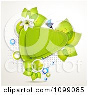 Poster, Art Print Of Background Of A Butterfly With Lilies And Leaves Around A Green Triangular Frame