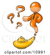 Orange Genie Man Emerging From A Golden Lamp With Question Marks