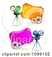 Poster, Art Print Of Movie Cameras With Reels Over Pink And Orange Banners