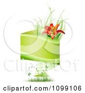 Poster, Art Print Of Green Origami Banner With Grass Butterflies And A Red Lily