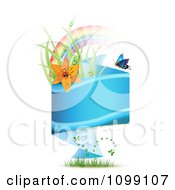 Poster, Art Print Of Blue Origami Banner With Grass Butterflies Rainbow And Red Lily