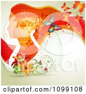 Poster, Art Print Of Background Of A Red Profiled Woman With Long Hair Butterflies And Flowers