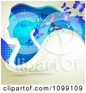 Poster, Art Print Of Background Of A Blue Profiled Woman With Long Hair Butterflies And Flowers