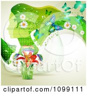 Poster, Art Print Of Background Of A Green Profiled Woman With Long Hair Butterflies Daisies And A Rainbow Lily