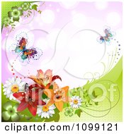 Poster, Art Print Of Background Of Butterflies With Daisies Shamrocks And Lilys Over Purple