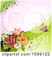 Poster, Art Print Of Background Of A Butterfly With Daisies Shamrocks And Lilies Over Pink