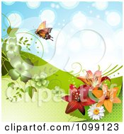 Clipart Background Of A Butterfly With Daisies Shamrocks And Lilies Over Blue Royalty Free Vector Illustration
