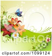 Poster, Art Print Of Background Of A Butterfly With Daisies Shamrocks And Lilies Over Beige