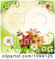Poster, Art Print Of Background Of A Butterfly With Daisies Shamrocks And Lilies Over Beige With Clovers