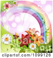 Poster, Art Print Of Background Of A Butterfly With Daisies Shamrocks And Lilies Under A Dewy Rainbow Over Purple