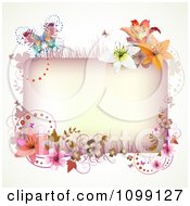 Poster, Art Print Of Background Of A Pink Floral Rectangle And Butterfly