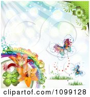 Poster, Art Print Of Background Of Butterflies With Shamrocks And Lilies Over Blue Rays