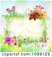Poster, Art Print Of Background Of A Green Floral Rectangle And Butterfly