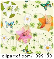 Poster, Art Print Of Seamless Background Pattern Of Lily Flowers Shamrocks Daisies And Butterflies On Beige