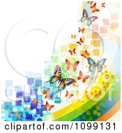 Poster, Art Print Of Background Of Butterflies With Colorful Waves Mesh And Squares