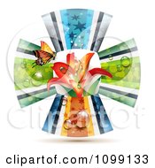 Poster, Art Print Of Orange Butterfly And Lily Flower In The Center Of Ribbon Petals
