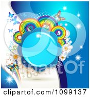Poster, Art Print Of Background Of Butterflies A Shiny Blue Flower Rainbow Circles And Daisies