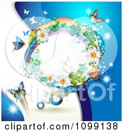 Poster, Art Print Of Background Of Butterflies With A Rainbow Flower And Shamrock Frame On Blue