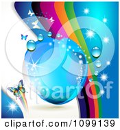 Poster, Art Print Of Background Of Butterflies With Rainbow Waves Dew Drops And Sparkles