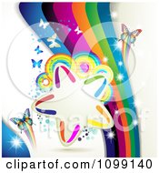 Poster, Art Print Of Background Of Butterflies With Rainbow Waves Circles And A Star Frame