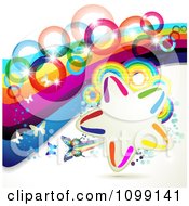 Poster, Art Print Of Background Of Butterflies With Rainbow Waves Rings And A Star Frame