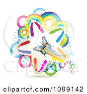 Poster, Art Print Of Butterfly Over A Colorful Star Rings And Rainbow Circles
