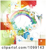 Poster, Art Print Of Background Of Butterflies With A Rainbow And Flower Frame Over Green And Orange Tiles