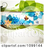 Poster, Art Print Of Floral Background With Butterflies Flowers And Blue Leaves