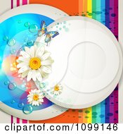 Poster, Art Print Of Background Of A White Circle With Daisies Mesh Waves Dew Butterfly And Rainbow Stripes