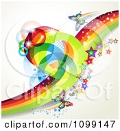 Poster, Art Print Of Background Of Butterflies With Mesh Rainbow Waves Stars And Circles