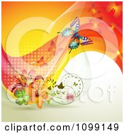 Poster, Art Print Of Background Of Butterflies With Mesh Waves And Flowers