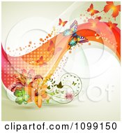 Poster, Art Print Of Background Of Butterflies With Mesh Waves And Lilies