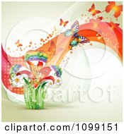 Poster, Art Print Of Background Of Butterflies With Mesh Waves And A Rainbow Clover