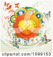 Poster, Art Print Of Dewy Orange Heart With Rainbow Circles Dew Flowers Shamrocks And Butterflies
