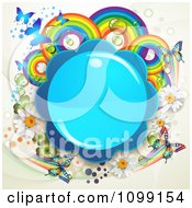 Poster, Art Print Of Background Of Butterflies With Rainbows Flowers And Shamrocks Around A Blue Frame