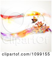 Poster, Art Print Of Background Of Lilies And Butterflies With Colorful Waves Dots And Copyspace