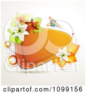 Poster, Art Print Of Background Of A Butterfly With Lilies And Leaves Around An Orange Triangular Frame