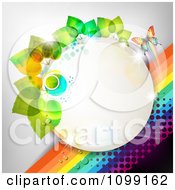 Poster, Art Print Of Background Of A Butterfly With Rainbows Dots And A Circle Of Leaves
