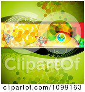 Poster, Art Print Of Green Floral Background Of Butterflies Dots And A Colorful Leafy Orb