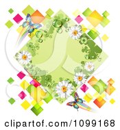 Clipart Green Shamrock And Daisy Diamond Over Colorful Tiles With Butterflies Royalty Free Vector Illustration by merlinul