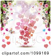 Poster, Art Print Of Valentines Day Background Of Floating Hearts Borderd With Butterflies And Blossoms