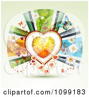 Poster, Art Print Of Background Of A Dewy Orange Heart Framed With Vines Butterflies Flowers And Ribbons