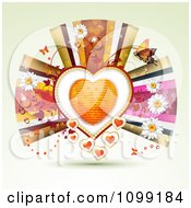 Poster, Art Print Of Background Of An Orange Heart Framed With Vines Butterflies Flowers And Ribbons