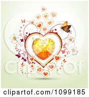 Poster, Art Print Of Valentine Or Wedding Background Of Butterflies And Vines Around A Dewy Orange Heart