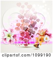 Poster, Art Print Of Background Of Floating Hearts With Flowers And An Orange Butterfly